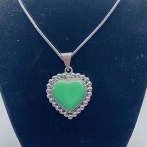 VNTG Handmade Mexican 925 Sterling Silver Beaded Green Enamel Heart Necklace